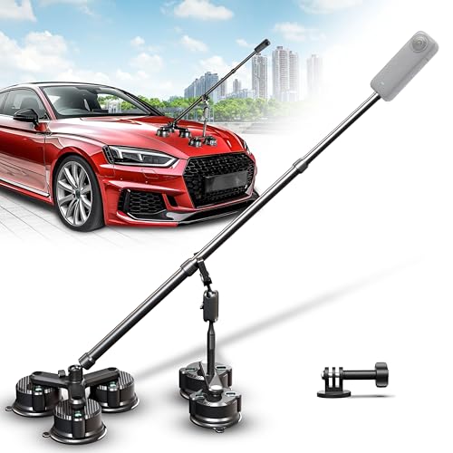 Insta 360 Car Mount, 360 Camera Car Mount Kit, 5 in 1 Suction Cup Camera Mount Kit, Compatible with GoPro, Insta 360 & Smartphones, Extra Strong Hold & Invisible Selfie Stick
