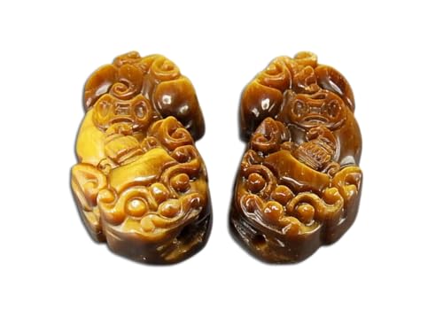 石街 色合い上質厳選タイガーアイ金銭ヒキュウ彫り2個ペア天然石彫刻品置物風水物