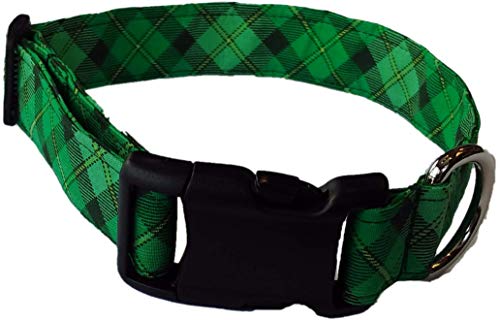 Green Plaid Dog Collar St Patrick's Day Puppy bias Irish Shamrock Lucky Cotton Fabric Adjustable Buckle (S- Small Dog)