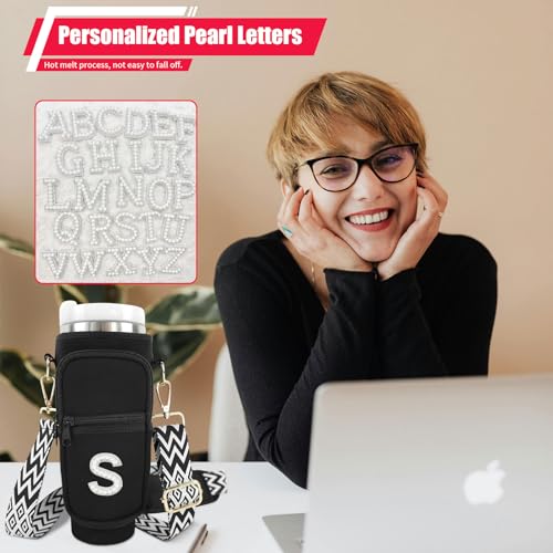 Initial A-Z Water Bottle Carrier Bag with Strap for Stanley 40 oz Tumbler, Personalized Water Bottle Holder Pouch with Pearl Letter Phone Pocket for Stanley Cup Accessories Custom Gift for Women Girls4