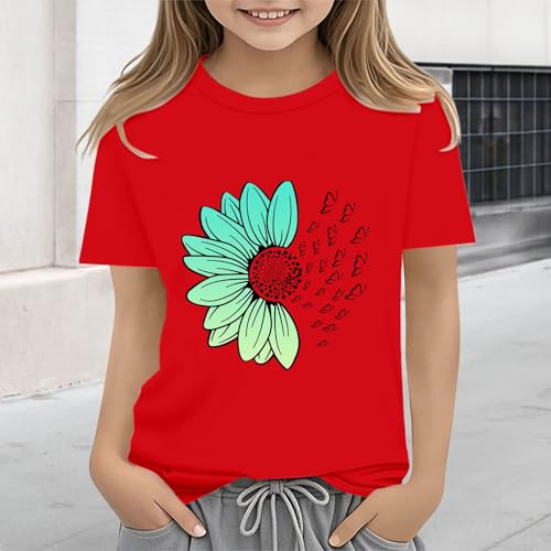 Girls Loose Fit Sunflower Graphic T Shirts Short Sleeve Crewneck Cute Pattern Printed Tops Kids (I-Red, 10-11 Years)4