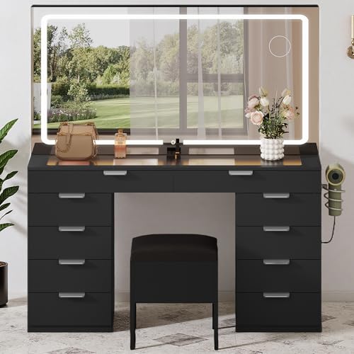 YITAHOME Large Vanity Desk with Mirror and Lights, Big Makeup Vanity with Power Outlets & 11 Drawers, 3 Lighting Modes Adjustable Bedroom Dressing Table for Bedroom, Dressing Room, Black Bla