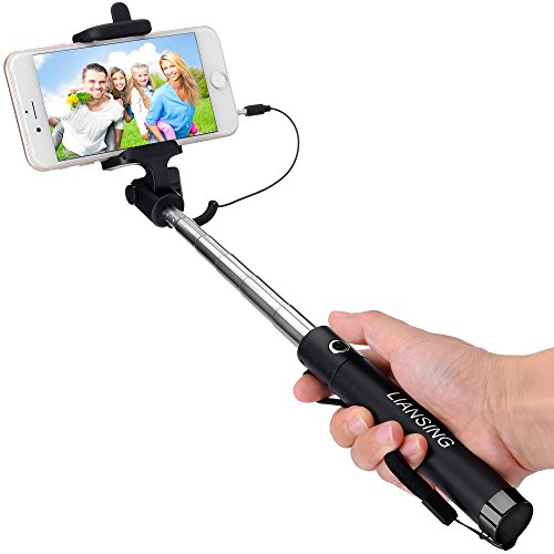 Selfie Stick, LIANSING Monopods Wired Self Portrait Stick One-Piece U-Shape Ultra Compact Foldable and Extendable Self-Stick with Waterproof Bag for iPhone6 6s 6plus 5s SE Samsung S7 S6 Black