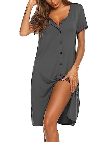 Ekouaer Women Nightshirt Short Sleeve Nightdress Button Down Nightgown Sleepwear Summer Sleepshirts, Dark Grey Large