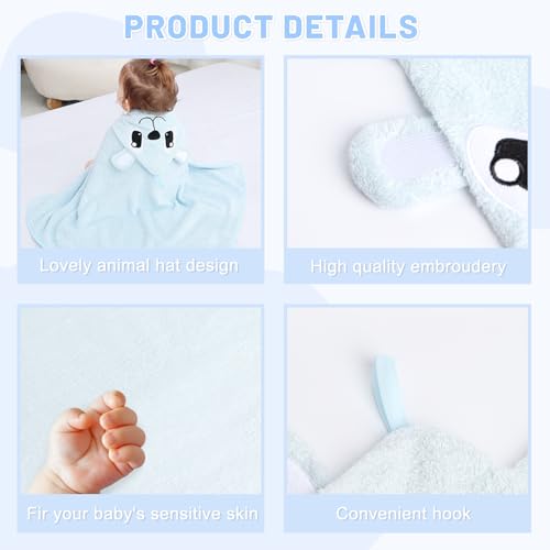 Image of Baby Hooded Bath Towel for Newborns Infants and Toddlers Soft Absorbent Rayon Baby Hooded Towel with Cute Animal Hood Skin Friendly 30 x 30 Inches (Blue)