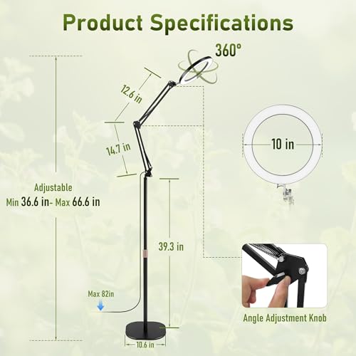 LETKEYS Floor Grow Lights for Indoor Plants, 10in Head Full Spectrum LED Plant Light with Stand, 10 Dimmable Levels & 3 Lighting Modes, Auto On Off Timer 3/9/12H, 36.6-66.6" Adjustable Height, Black — view 2