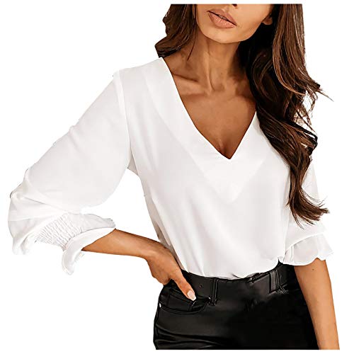 Womens V-Neck Tops Back Splicing Shirt Lace Flared Long-Sleeved Blouses Long Sleeve T-Shirt Comfortable Shirts White