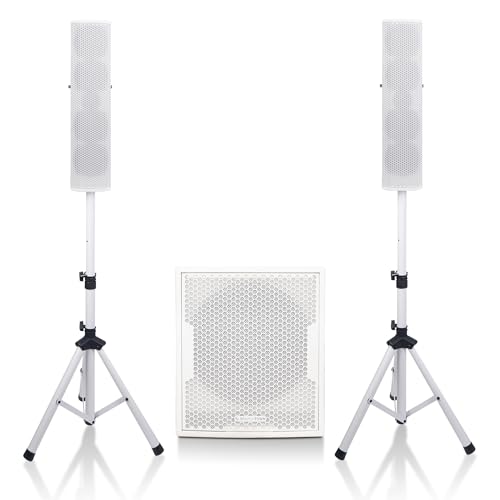 Sound Town Subwoofer and Column Speaker Line Array System, with Two 500W Passive Column Speakers and One 12” 1400W Powered Subwoofer, White (CARPO-V5W12)