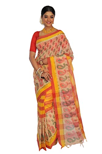 Sari en pur coton pour festivités et cérémonies style bengali crème
