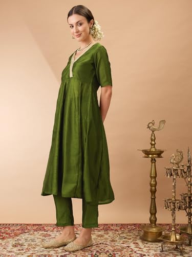 Image of Globus Women Kurta Set (GS578722 Olive Green S)