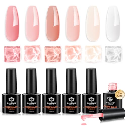 Image of modelones Gel Polish Builder Nail Set, Base Colors 8-in-One Jelly Nude Pink Clear Builder Nail Gel for Nails Strengthener Hard Extension Rubber Lamp Cured 6 Colors