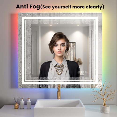 40x38 inch LED Bathroom Mirror with RGB Lights Color Changing Backlit Mirror Shatterproof Dimmable Anti-Fog Lighted Vanity Mirror (RGB Multicolor Backlit + Adjustable Front-Lighted)