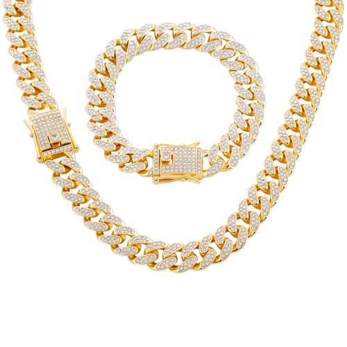 Cuban Link Chain for Men | Necklace and Bracelet Miami Cuban Chains | Bling Diamond Chain for Hip Hop Jewelry Silver/Gold (8/18 /20 inches)