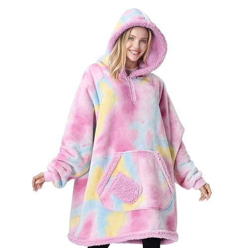 Image of Giggling Getup Wearable Blanket Hoodie for Adults Gifts for Teen Girls Sister Women Sherpa Fleece Printed Hooded Blanket Sweatshirt Warm Cozy with Pocket & Sleeves Cotton Candy Tie Dye