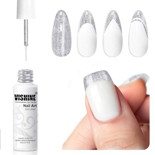 Vishine Gel Liner Nail Art Plata Brillante - 8 ml Efecto Swirl & French Tips, Esmalte Semi-Permanente con Pincel Fino para Nail Design, UV LED Soak Off