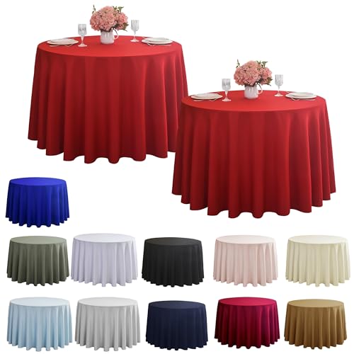 Image of 2-Pack Round 108-inch Red Table Cloths, Solid Stain and Wrinkle Resistant Circular Tablecloth, Premium Plain Weave Polyester Fabric Table Linen Covers for Hotel, Banquet