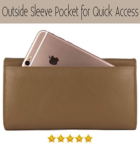 Image of Women's Top Grain Leather Wallet, RFID Blocking Bifold clutch, 17 Card Slots, Zip Pocket Organizer, Elegant Gift for Women - Birthday, Valentine, Anniversary - BEIGE