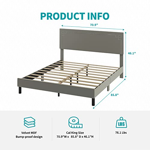 Balus Bed Frame, Platform Bed Frame With Rivet Flannel Headboard， Wood Platform, Solid Wood Foundation With Wood Slat Support/No Box Spring Needed/Easy Assembly(Light Grey) #TOP1