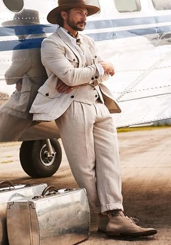 Men Linen Suit 3 Pieces Retro Beach Wedding Set Slim Fit Light Weight Blazer Jacket Vest & Pant Tux4