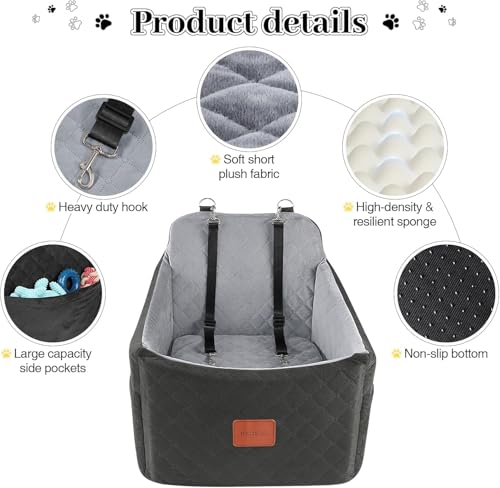 INDYBUD Hunde Autositz für Kleine/Mittlere Hunde, Memory-Schaum Erhöhter Hundesitz Auto, Abnehmbar & Waschbarer Hundebett Auto mit Aufbewahrungstaschen und Sicherheitsleinen (Schwarz Grau, Mittel)
