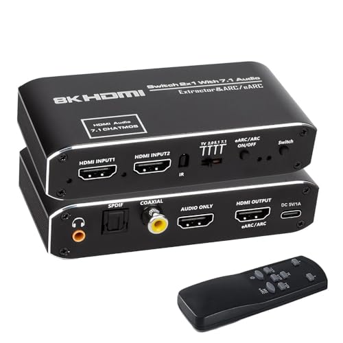 Image of ETZIN HDMI Switch eARC /ARC Audio Extractor, 4K@60hz HDMI Audio Splitter with Remote, Support 7.1 Channel Audio /Optical Toslink SPDIF /Coaxial Converter HDR (Black) EPL-909H