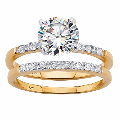 PalmBeach 18k Gold-Plated or Platinum-Plated Sterling Silver Round Cubic Zirconia 2 Piece Bridal Ring Set Size 10
