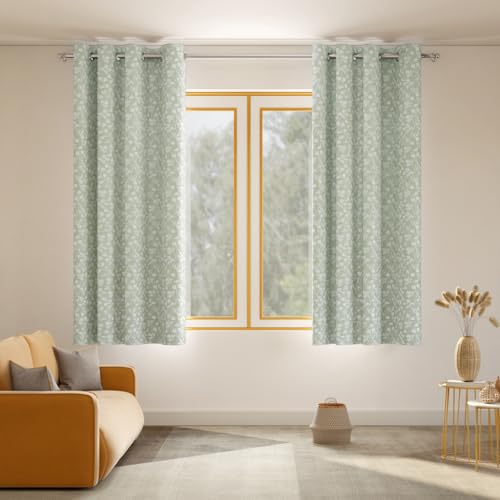 Image of haus & kinder Printed Jacquard Window Curtains 5 Feet Long Pack of 2 Window Curtains, 5 Feet Curtains for Window (Gingko Serenity, Seledon Nature 130x152 CM)