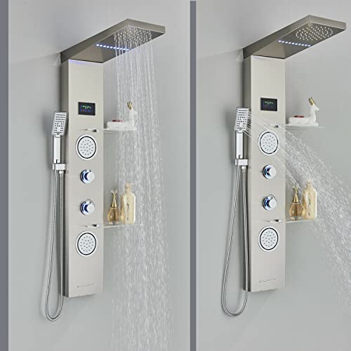 Panel de ducha LED con torre, sistema de agua de lluvia y masaje corporal, acero inoxidable con estante miniatura 2