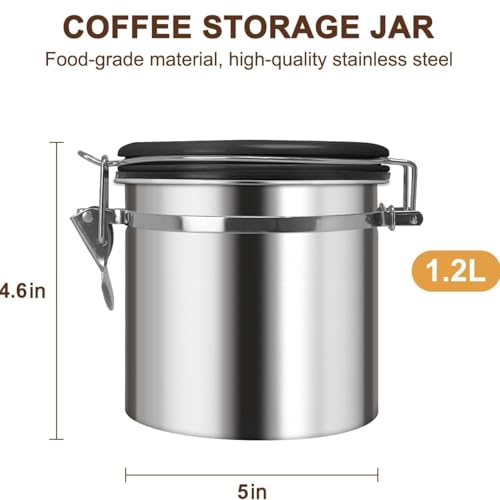 Image of Container for Ground Coffee, Coffee Beans - Coffee Canister 1200 ml with Built in Valve Stainless Steel Airtight with Scoop, Storage for Beans, Grounds, Tea, Sugar (Set of 1)