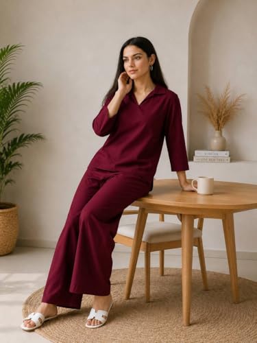 Image of Women's Co Ord Set for Women - Relaxed Fit Collared Top with 3 /4 Sleeves & Wide Leg Palazzo Pants, Casual Lounge Wear Matching Outfit for Daily Wear, Travel & Office