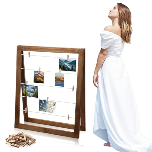 Sintuff Tablero de fotos independiente con 50 clips, marco de collage de fotos, tendedero, soporte de exhibición de fotos, decoración para colgar obras de arte, postales, color madera de nogal