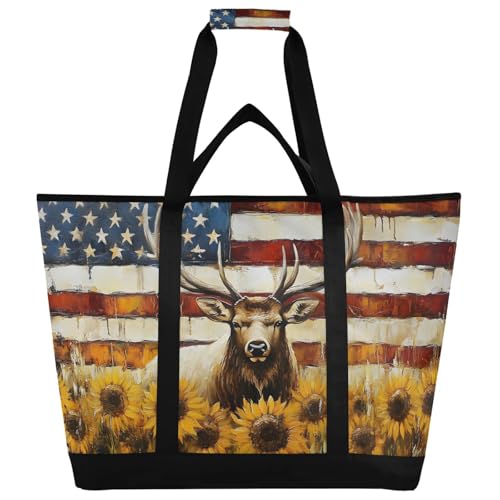 Moose Art America Sunflower Large Insulated Tote Bag for Grocery Shopping Reusable Tote Bags for Women Men, Cooler Bag with Zippered Top & Handles for Beach Picnic Travel