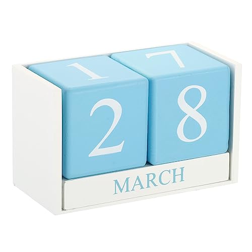 Calendario perpetuo PATIKIL de bloques de madera blanco y azul para escritorio de oficina