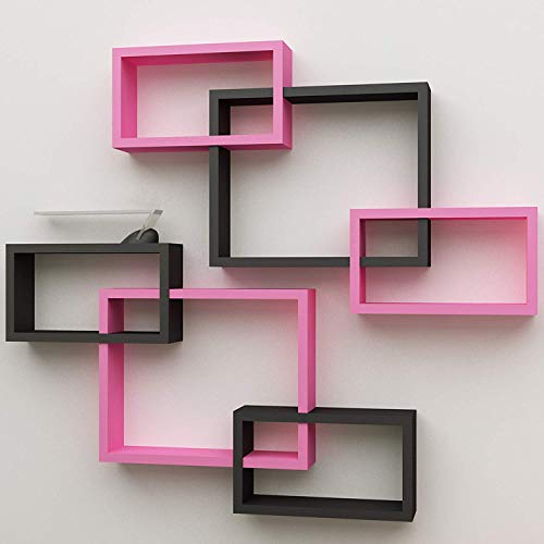 Image of Amaze Shoppee MDF Wall Decoration Intersecting Floating Shelves Set of 6 (Black and Pink)