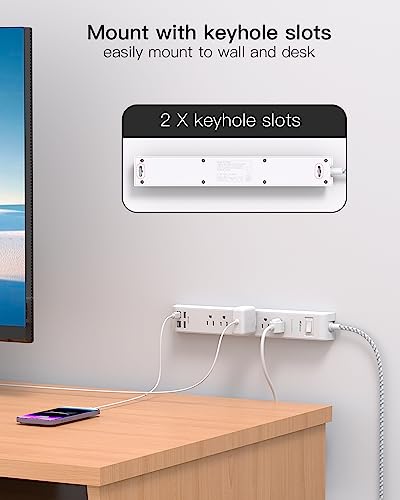Image of mifaso Power Strip 10 ft with 4 USB Ports 2 -C 6 AC Outlets, Flat Plug Extension Cord, USB Charging Station, Wall Mountable for Home, (MFS311P)