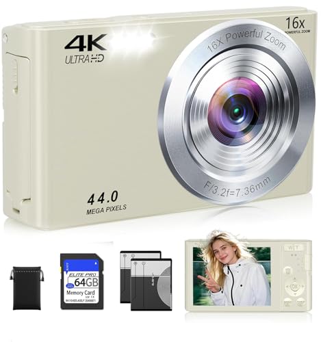Image of Digital Camera,Upgraded FHD 4K Digital Camera for Teens Girls Boys,Compact Digital Cameras with 64GB Memory Card,2 Batteries,Small Camera with 16X Autofocus Digital Zoom for Vlogging,Cream