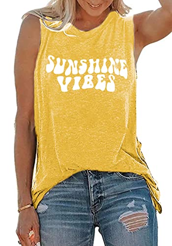 Sunshine Vibes Letter Print Vest T Shirt Women's Summer Sleeveless Graphic Tank Tops Casual Loose Workout Tees
