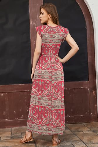 AUSELILY Damen Sommer Maxikleid Rüschen und kurzen Ärmeln Bodenlanger Rock mit Taschen Freizeit Strandkleid Elegant Boho Rot M 4