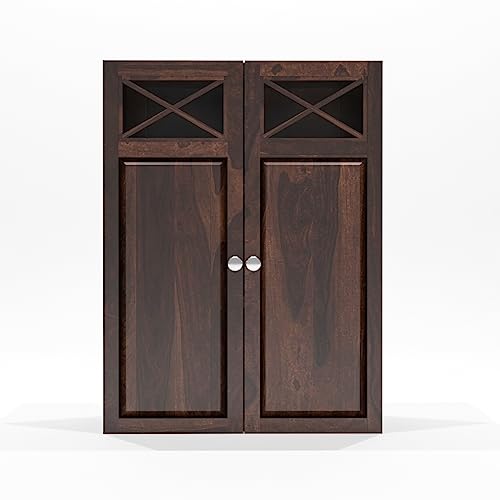 Image of Sheesham Wood Kitchen Cabinet for Home | Wall Mounted Kitchen Rack with Storage | Wooden Organizer with 2 Door Cabinet Storage Walnut Finish