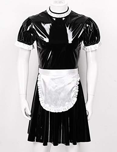 Freebily Costume da Cameriere Uomo Sexy Hot per Sesso Vestito Uomo Manica a Sbuffo di Pelle con Grembiule Gay Sissy Babydoll Crossdresser Latex Cosplay Travestimento Nero XL