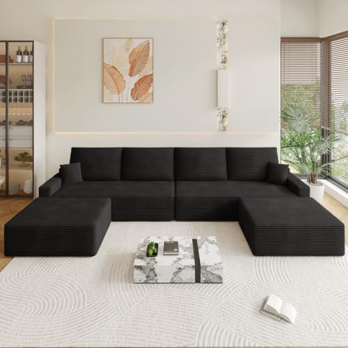 Image of Oversized Modular Sectional Sofa Couch, Large 6 Seater Corner Sofa Modern U Shaped Sectional Couch with Ottoman Cloud Couches for Living Room, Office, Spacious Space, Corduroy, No Assembly, Black