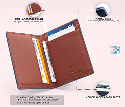 The Tanned Cow- Slim Minimalist Cardholder Wallet for Men Women, Mini Thin Leather Bifold, Compact, Front Pocket Credit Card Holder with RFID Blocking, Gift Box (Napa leather, Naval/Madder Brown)4
