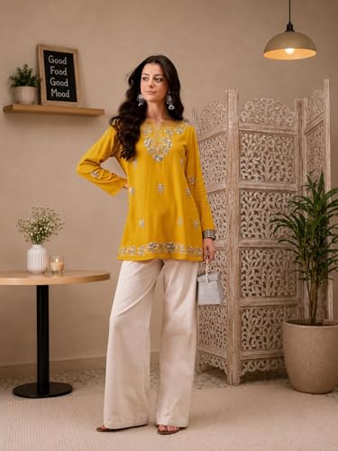Image of QAZMI Women's Zayesha Aari Embroidered Viscose Rayon A-Line Flared Short Kurti