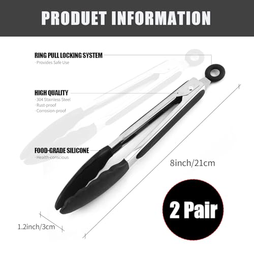2 Pcs Stainless Steel Food Tongs,7“,9”,12“Size Kitchen Tongs,Tongs for Cooking,Silicone BPA Free Non-Stick BBQ Cooking Grilling Locking (7 inches) - Image 2