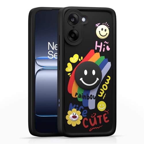 Image of Pikkme Back Cover for Oneplus Nord CE 5 5G | Soft Silicone| Cute Rainbow Smile & 3D Cartoon Flower Design | Shockproof Raised Camera Protection Bumper Case (Black)
