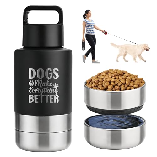 KEWIXY Insulated Dog Travel Water Bottle With Detachable Bowls, Ideal Gifts for Dog Lovers, Portable Water Bottle Dispenser, For Walking, Hiking, Camping, Outdoor (Black:Dogs Better, 32 Oz)