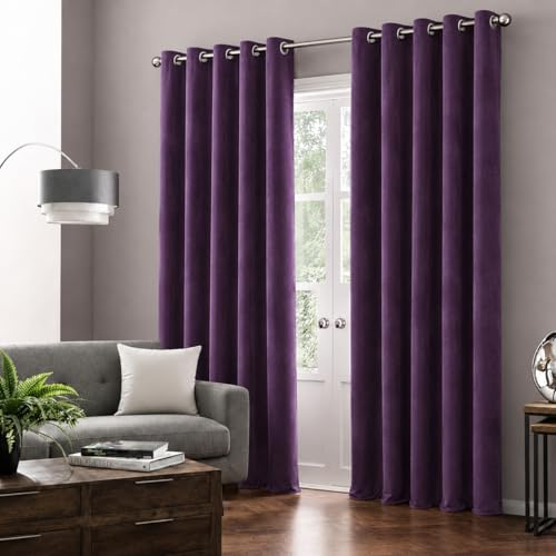 Image of Amazon Brand - Solimo Velvet Curtain Set of 2 (52x48 Inch) Plain Door & Window Curtains for Living Room & Bedroom |75% Light Blocking, Eyelet Curtains for Home Decor in Purple Color (4 feet x 4 feet)