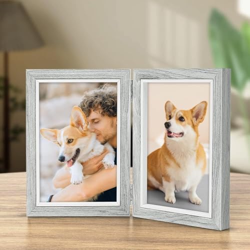 Afuly 10x15 Bilderrahmen Grau Weiß Doppelt Holz für 2 Bilder Collage Moderne Shabby Deko Family Haustier Geschenk