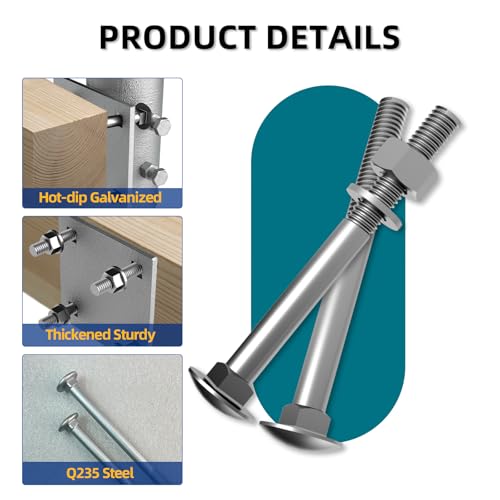 Image of 7 /16 inch x 5 inch (8 pcs) Galvanized Carriage Bolt Kit, Includes 7 /16 inch M12 Nuts and 7 /16 inch M12 Flat Washers, Hot Dip Galvanized Q235 Steel for Exterior Use, Ideal for Dock Maintenance