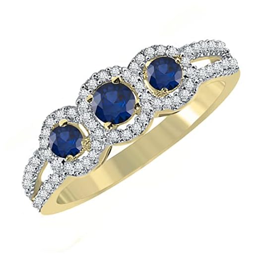 Dazzlingrock Collection Anillo de compromiso redondo con zafiro azul y diamante blanco de 3 piedras para mujer en oro amarillo de 14 quilates, talla 6.5, 6.5, Oro amarillo Zafiro azul natural Diamante